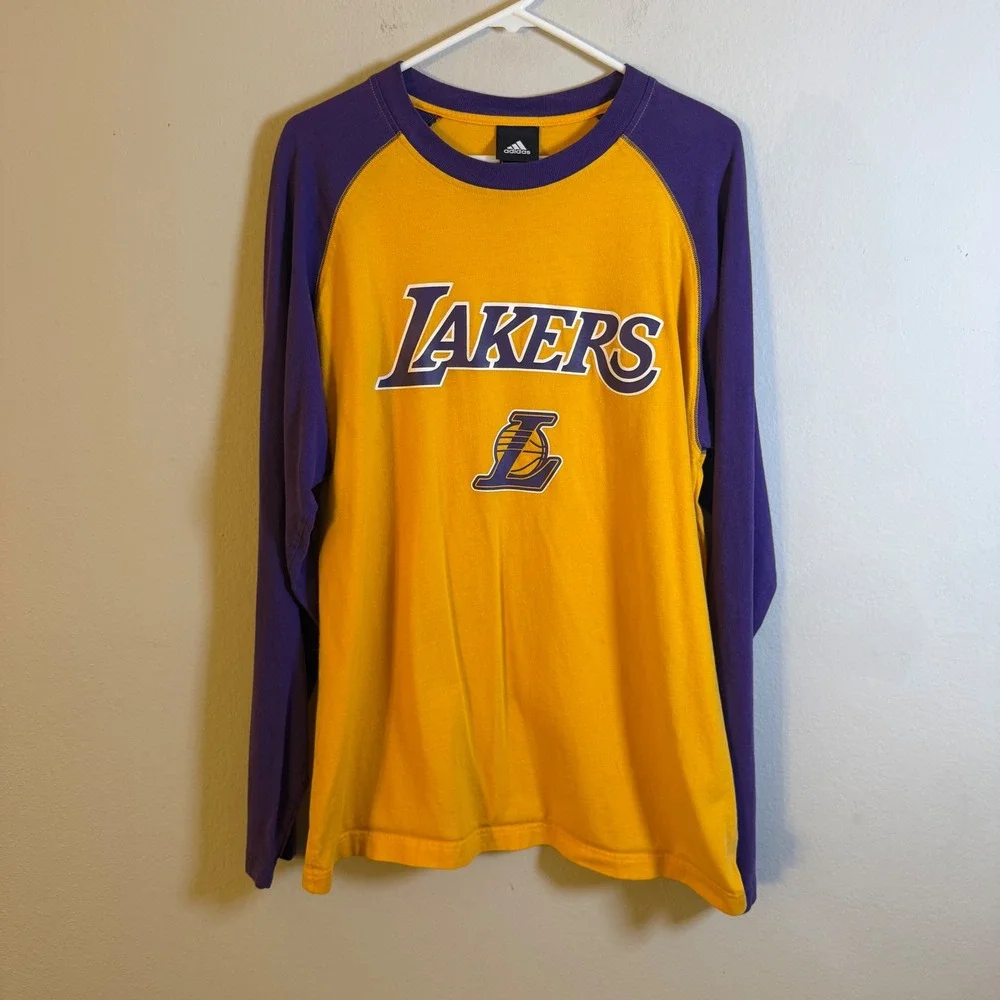 Adidas‎ Los Angeles Lakers Mens Gold Purple Raglan Long Sleeve Shirt Large NBA
